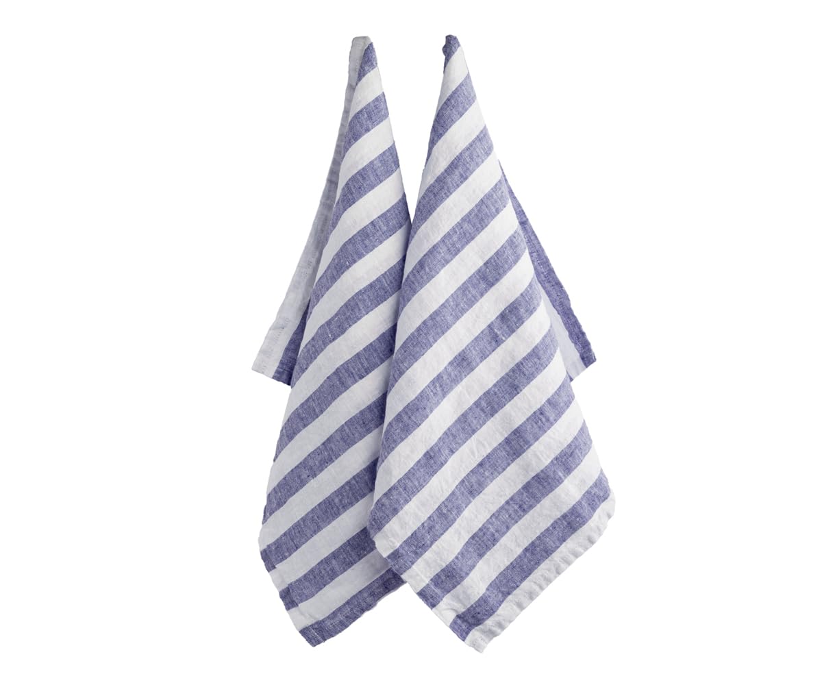 French Linen Tea Towel Blue Kitchen Towels Set of 2 - Pure 100% Linen Kitchen Towels for Quick Drying - Striped Tea Towels Kitchen - Striped Linen Dish Towel - Blue and White Striped Towels 18x28