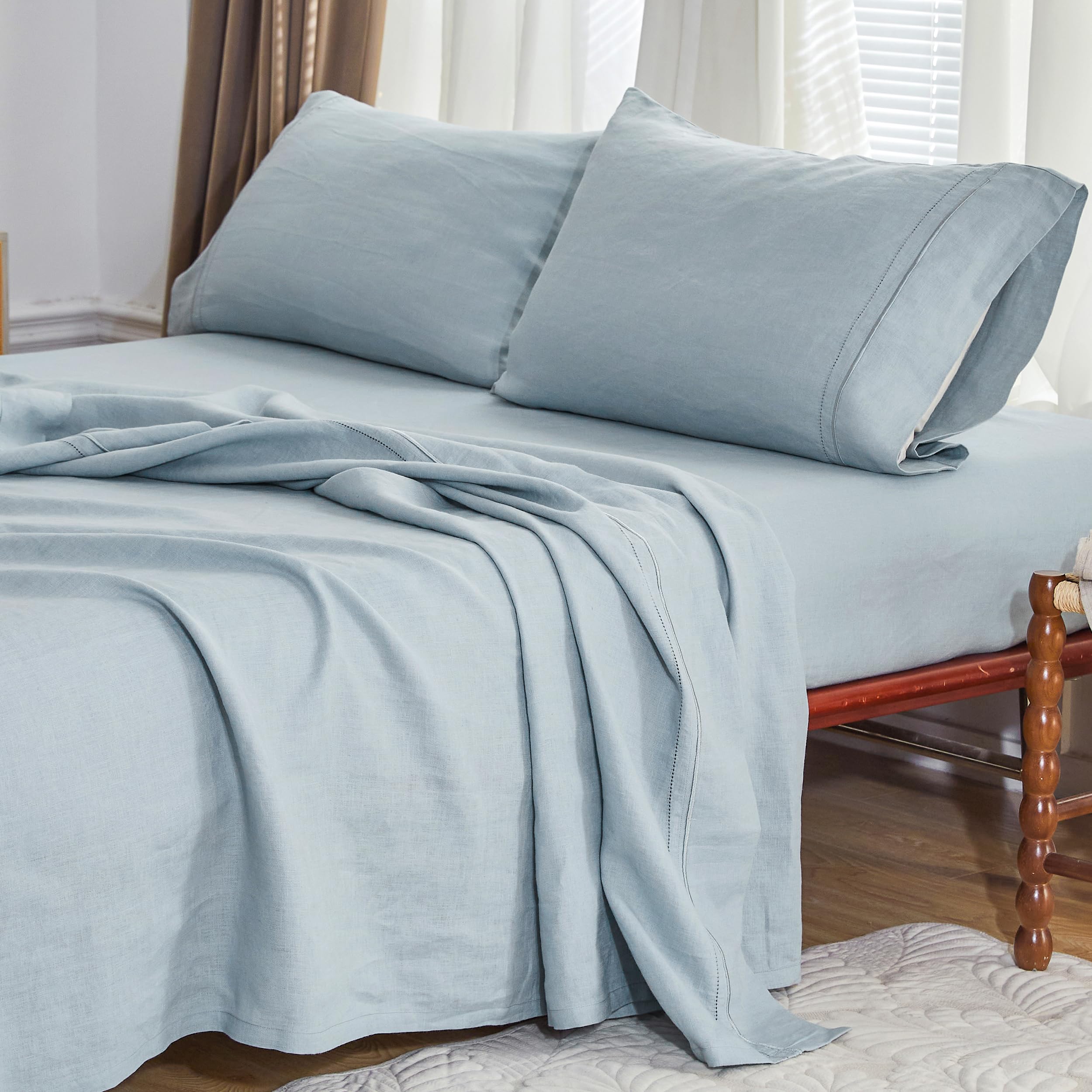 Simple&Opulence 100% French Linen Sheet Set Breathable Durable for Hot Sleepers Bedding 4 Pcs-1 Flat Sheet1 Fitted Sheet2 Pillowcases with Hemstitch Lace Embroidery Luxury Design (Dusty Blue King)